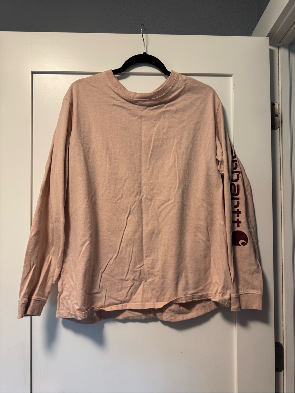 Carhartt Long Sleeve Tee in Pale Pink with Maroon Sleeve Logo